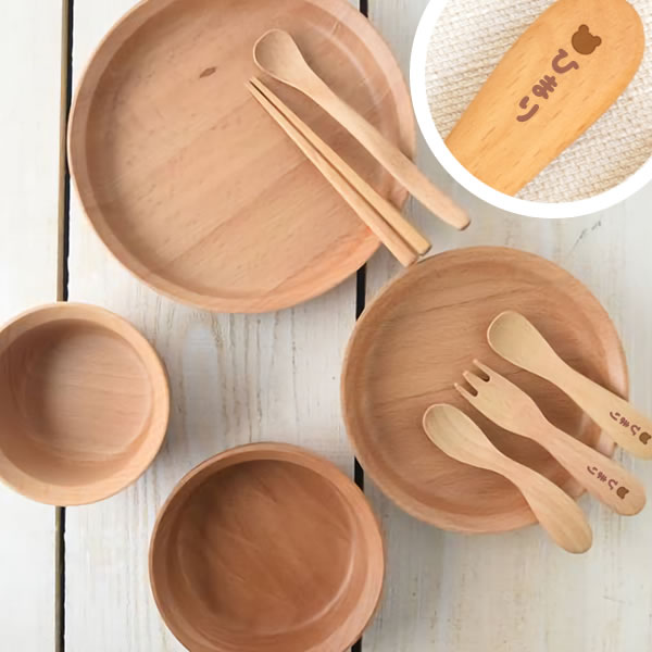 【出産祝い ベビー食器】名入れ木製子ども食器9点セット グランデック サンシャイン 箱入りギフトセット