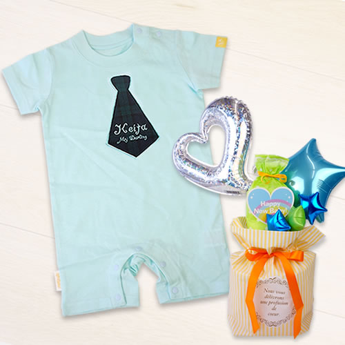 【名入れ 出産祝い】キュートパッチお名前入りロンパース×おむつケーキセット